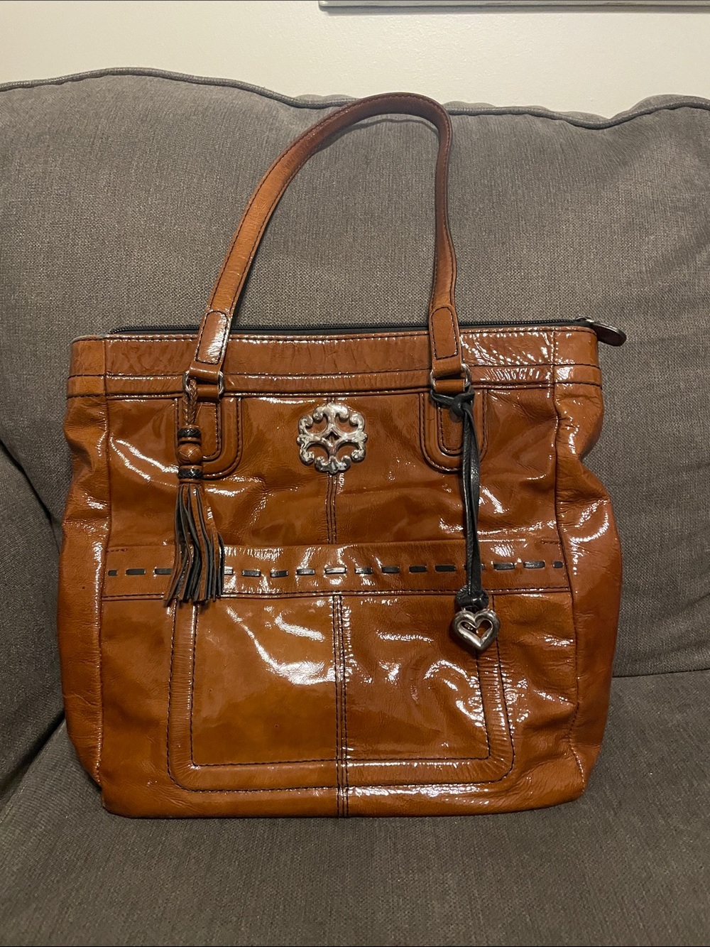 Brighton Patent Leather Tote in Cognac